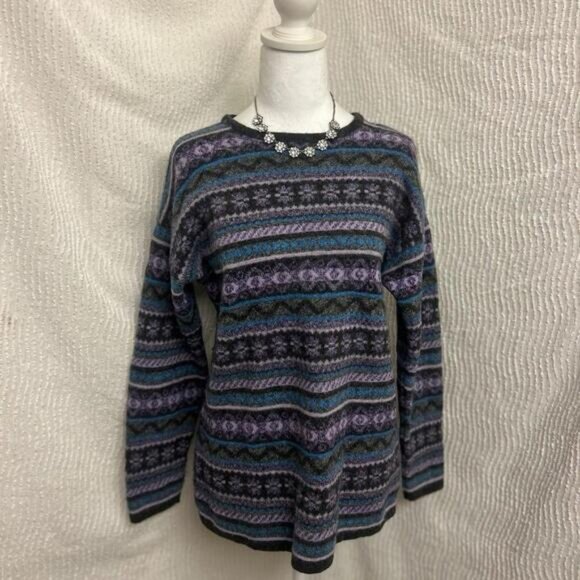 Vintage Maglia Donna Wool Blend Sweater L Italy Gray Purple Blue Striped Boho - Picture 1 of 8